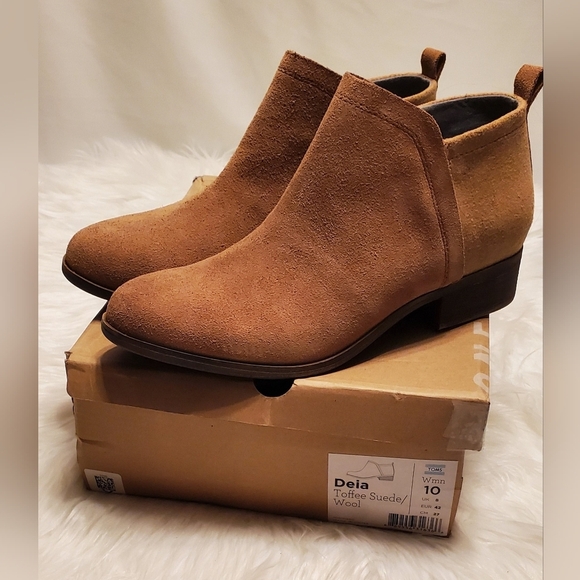 Toms Deia Tan Toffee Suede Wool Side Zip Ankle Boots Size 10 - Picture 5 of 9